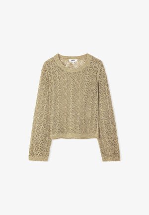 Gestrickter, gekürzter Pullover in Gold mit einem strukturierten, spitzenmuster, ausgestattet mit langen Ärmeln und einem abgerundeten Halsauschnitt.