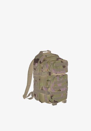 Tactical camouflage backpack with multiple zippered compartments and padded shoulder straps, shown against a white background.