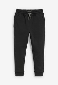 Pantalon de jogging noir en mélange de coton, avec une taille élastique à cordon de serrage, des poches latérales et des poignets côtelés aux chevilles.