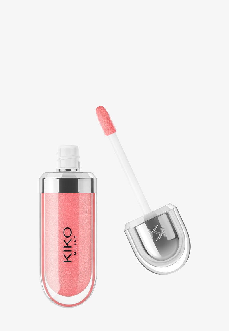 Schimmernder rosa Lippenlipgloss mit silberner Kappe, die teilweise entfernt ist und einen Applikatorstab mit pelziger, mit Gloss überzogenem Spitze zeigt.