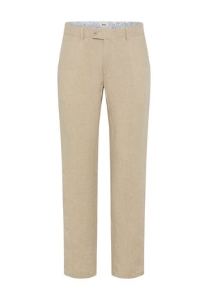 Beige linen trousers with a straight-leg design, featuring a button closure and a patterned inner waistband. Smooth texture and minimal detail.
