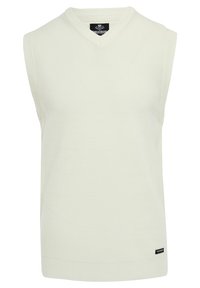 Beżowy sweter bez rękawów z dekoltem w kształcie V, prążkową teksturą i małą metką z logo na dole. Wykonany z miękkiego, dzianinowego materiału.