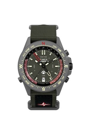 Timex Expedition watch with a gray resin case, dark green dial, black textured strap, luminous hands, and cardinal direction markings.