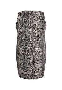 Mouwloze jurk met een panterprint in beige en zwart. Gemaakt van een stof met een gladde textuur en een aangesloten ontwerp.