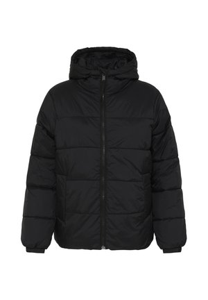 Schwarze gepuffte Jacke mit Kapuze, ausgestattet mit einem durchgehenden Reißverschluss, gesteppten Abschnitten und elastischen Bündchen für zusätzliche Wärme und Komfort.