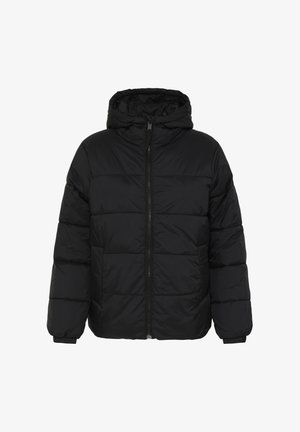 Černá péřová bunda s kapucí, která má plný přední zip, prošívané části a elastické manžety pro větší teplo a pohodlí.