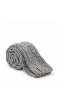 Szary, prążkowany szalik dziany, zwinięty w spiralę, o teksturowanej powierzchni i skórzanej metce z napisem "FALCONERI" na jednym końcu.