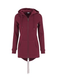 Sweat à capuche long bordeaux avec fermeture éclair, poches avant, cordons de serrage sur la capuche et l'ourlet, poignets côtelés et ourlet arrière prolongé.