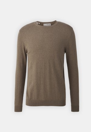 Brown knit sweater with long sleeves, round neck, and ribbed cuffs and hem. Soft texture, plain design, no visible patterns or accents.