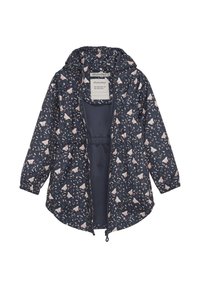 Mörkblå lättviktsjacka med ett blommönster av rosa fjärilar och blad. Har en huva, elastiska ärmslut och dragsko i midjan.