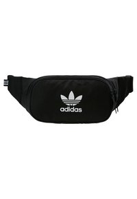 Black fabric fanny pack with a zippered compartment, featuring a white Adidas logo and three horizontal white stripes on the side.