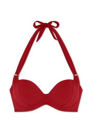 Red padded bikini top with underwire and halter neck ties. Features gold hardware accents and textured fabric with smooth surface.