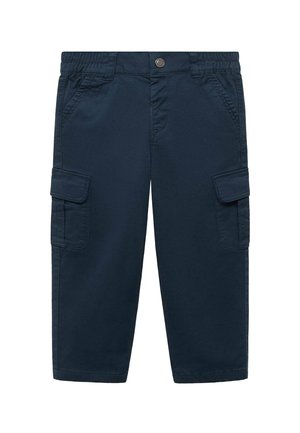Pantaloni cargo blu navy con cintura elastica, tasche laterali e due tasche cargo all'altezza del ginocchio sulle cosce. Realizzati in tessuto leggero.