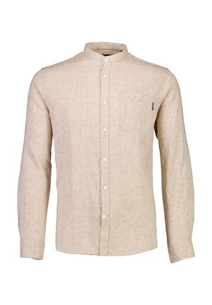 Helles beiges Langarmhemd aus strukturiertem Stoff, mit einem Biesenkragen, einer Brusttasche und Knopfverschluss. Subtiles gewebtes Detail.