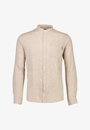 Helles beiges Langarmhemd aus strukturiertem Stoff, mit einem Biesenkragen, einer Brusttasche und Knopfverschluss. Subtiles gewebtes Detail.