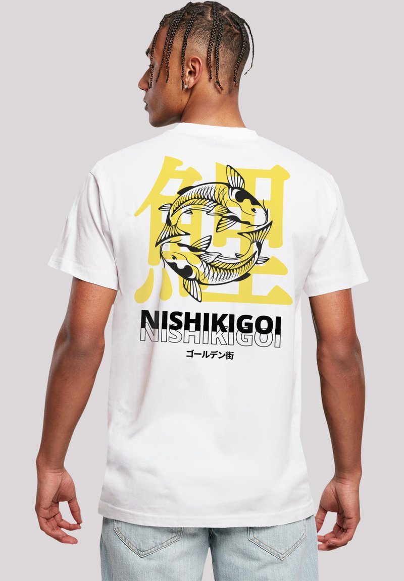 White cotton t-shirt featuring a graphic design of koi fish in black and yellow, with “NISHIKIGOI” and Japanese text below.