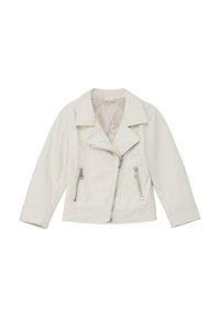 Weiße Kunstleder-Motorradjacke mit Reverskragen, asymmetrischem Frontreißverschluss und zwei Reißverschlusstaschen. Sanfte Textur.