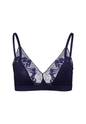 Navy blauwe bralette met kantoverlay, driehoekige cups, dunne banden en een gladde band. Het kant heeft bloemmotieven en golvende randen.