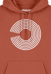 Roestkleurige hoodie met een wit cirkelvormig gestreept ontwerp. Voorzien van een voorzak en trekkoorden met zilveren details. Zachte textuur.