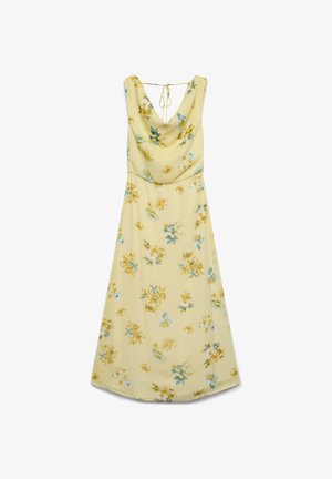 Robe midi jaune sans manches avec imprimé floral, col bénitier et détail noué dans le dos.