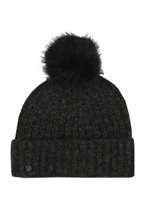 Cappello invernale nero lavorato a maglia con un grande pompon morbido sulla parte superiore e un risvolto con un piccolo logo metallico rotondo.
