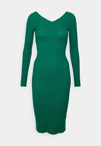 Zelené žebrované pletené šaty s dlouhými rukávy a výstřihem do V, s upnutým střihem a délkou ke kolenům.