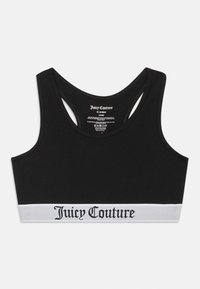 Čierny športový top s predným prestrihom a bielym elastickým pásom na spodku so textom "Juicy Couture" v čiernej farbe.