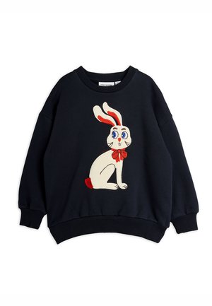 Sort børnesweatshirt med en hvid tegneserie-kanin med blå øjne, røde ører, en rød sløjfe og en rød hale foran.
