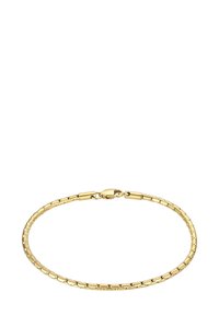 Zlati metalni zapestnica z gladkim, medsebojnim oblikovanjem zank. Ima varen zapiralo in polirano površino. Okrogle robove za udobje.