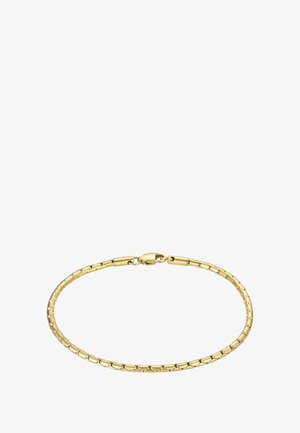 Pulsera de metal dorado con un diseño de eslabones interconectados y suaves. Presenta un cierre seguro y un acabado pulido. Bordes redondeados para mayor comodidad.