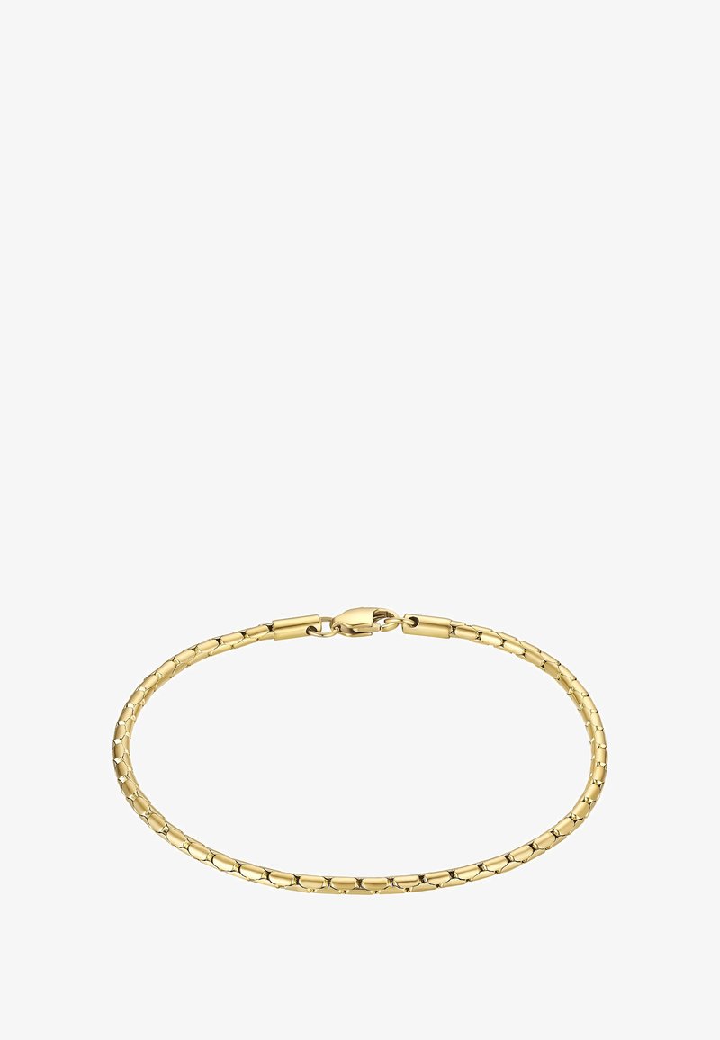 Zlati metalni zapestnica z gladkim, medsebojnim oblikovanjem zank. Ima varen zapiralo in polirano površino. Okrogle robove za udobje.