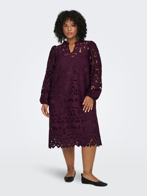 Mežģīņu kleita tumši violetā krāsā ar augstu apkakli, garām pūkainām piedurknēm un viļņotu apakšmalu. Rotāta ar ziedu rakstiem un izgriezumu detaļām.