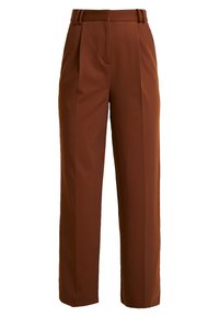 Bruna byxhög midja med mjuk textur, med veck fram och en skräddarsydd raka ben design.