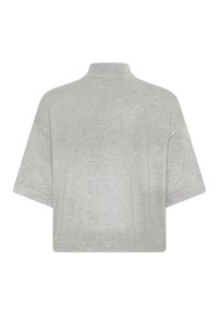 Top grigio corto con maniche corte e colletto alto. Texture liscia con un sottile motivo a maglia. Nessun fissaggio o decorazione visibile.