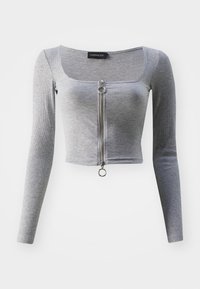Top corto a maniche lunghe grigio a coste con scollatura quadrata, chiusura frontale con zip e tirante circolare, e design aderente.