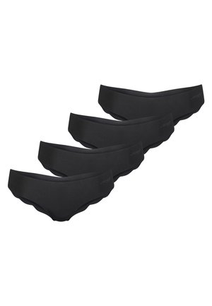 Quattro slip bikini da donna neri senza cuciture disposti diagonalmente, con bordi smerlati e sottile logo del marchio sulla vita.