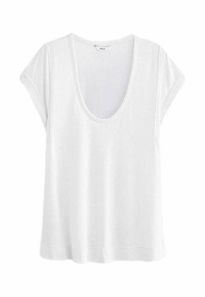 Top bianco a maniche corte con scollatura a V profonda. Realizzato in tessuto liscio, presenta una vestibilità morbida e un orlo dritto in vita.