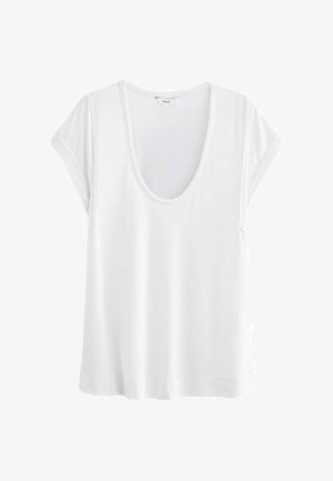 Biela, krátkypärová blúzka s hlbokým V-výstrihom. Vyrobená z hladkej tkaniny, s uvoľneným strihom a rovnomerným lemom v páse.