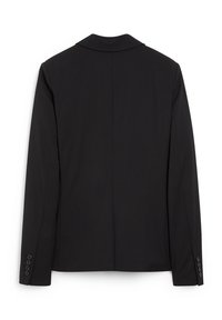 Blazer noir à manches longues, col cranté et quatre boutons sur chaque poignet, montré de dos sur fond blanc.
