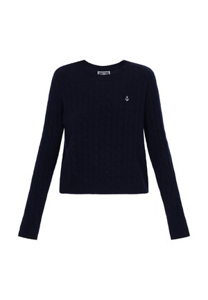 Maglione blu navy con motivo a trecce, colletto rotondo e maniche lunghe. Piccolo logo bianco dell'ancora sul petto.