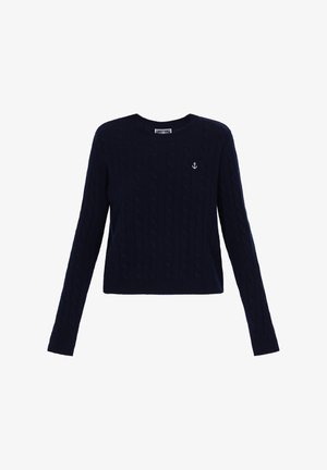 Marine gebreide trui met kabelontwerp, ronde halslijn en lange mouwen. Klein wit ankerlogo op de borst.