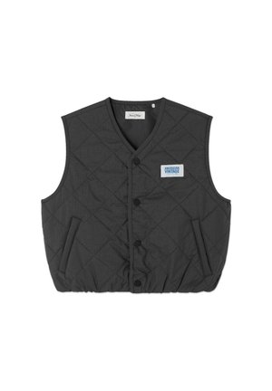 Gilet nero trapuntato senza maniche con bottoni a pressione frontali, due tasche laterali e una toppa blu e bianca "American Vintage" sul petto.