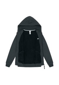 Felpa con cappuccio di colore grigio scuro, con zip frontale, interno morbido, due tasche anteriori e polsini a costine. Presenta un piccolo logo sul petto.