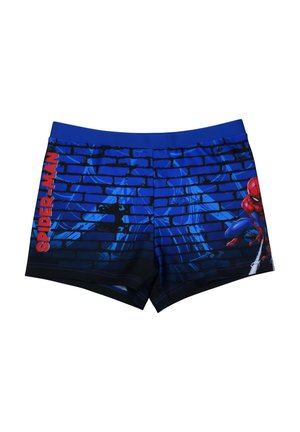 Blue boys' swim shorts with Spider-Man web design, red "SPIDER-MAN" text, and crouching Spider-Man graphic on right side.
