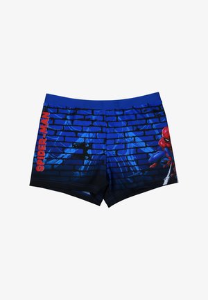 Blaue Jungen-Badeshorts mit Spider-Man-Spinnennetz-Design, rotem "SPIDER-MAN"-Text und einer hockenden Spider-Man-Grafik auf der rechten Seite.
