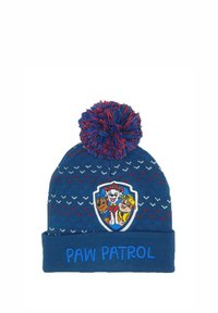 Niebieska dzianinowa czapka z pomponem na czubku, z naszywką z logo "Paw Patrol" i wielokolorowymi wzorami na powierzchni.