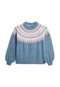 Hellblau gestrickter Pullover mit rundem Ausschnitt, langen puffärmel und einem geometrischen Muster in Pink, Weiß und Dunkelblau oben.