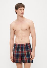 Szorty w kratę, w kolorach niebieskim, czerwonym i zielonym, z elastycznym pasem i luźnym krojem. Materiał wydaje się lekki i gładki.