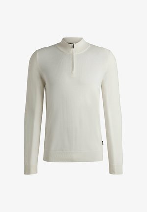 Helle Creme Viertelreißverschluss-Pullover, lange Ärmel, gerippter Ausschnitt und Bündchen, glatte Textur, taillierte Passform, mit dezentem Markenetikett an der Seite.