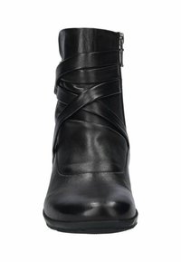 Botte de cheville noire en cuir lisse avec des détails de bandes croisées et une fermeture éclair sur le côté, dotée d'un bout rond et d'un talon bas.